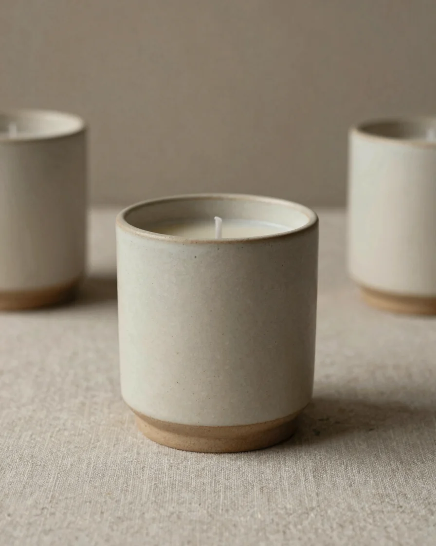 Handcrafted ceramic candle vessel on raw linen, mineral texture, soft natural side lighting, warm luxury editorial studi