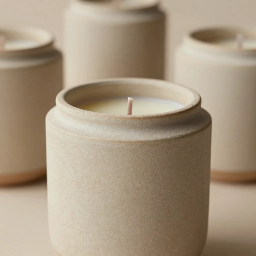 Handmade ceramic candle jar with raw beige stoneware texture, macro shot, soft studio lighting