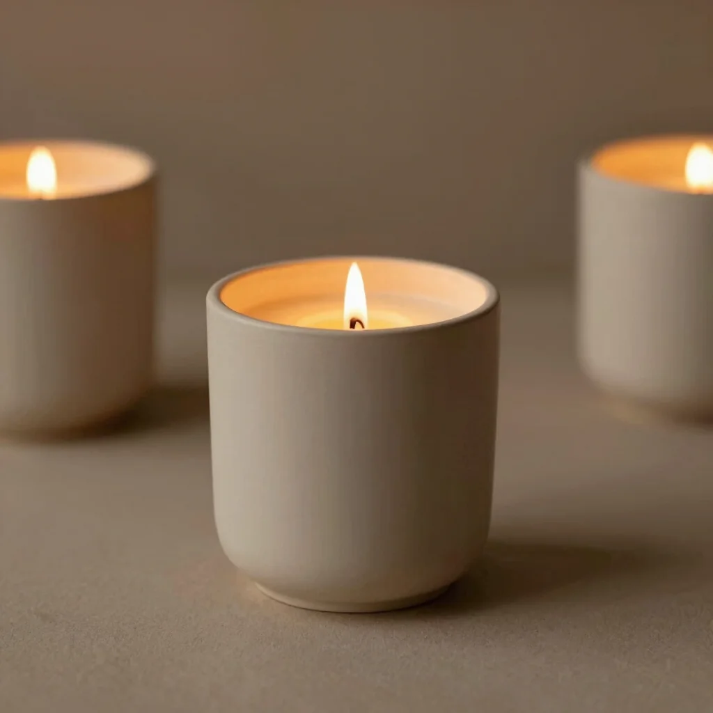 Glazed matte ceramic candle holder with molten soy wax detail, warm ambient light, high end editorial photography