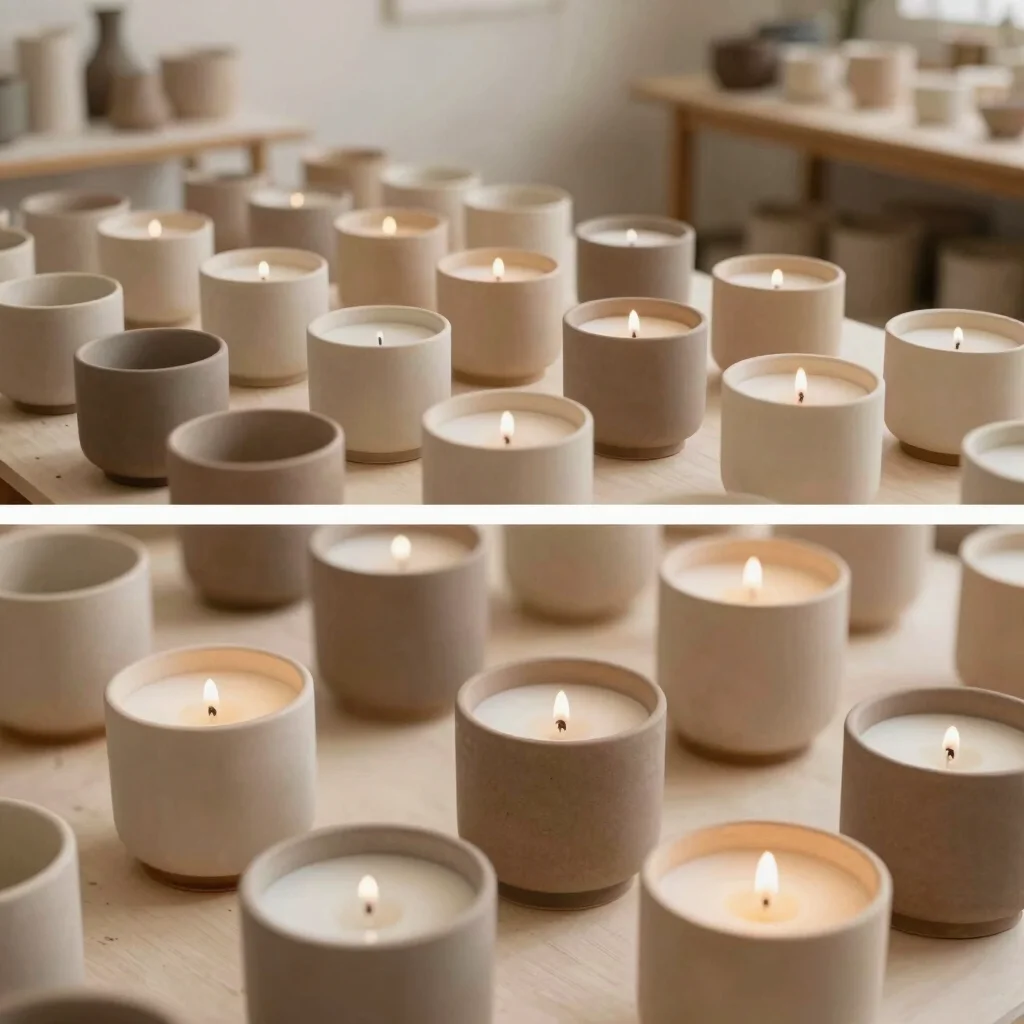Collection of minimalist ceramic candle pots in earth tones, artisan workshop setting