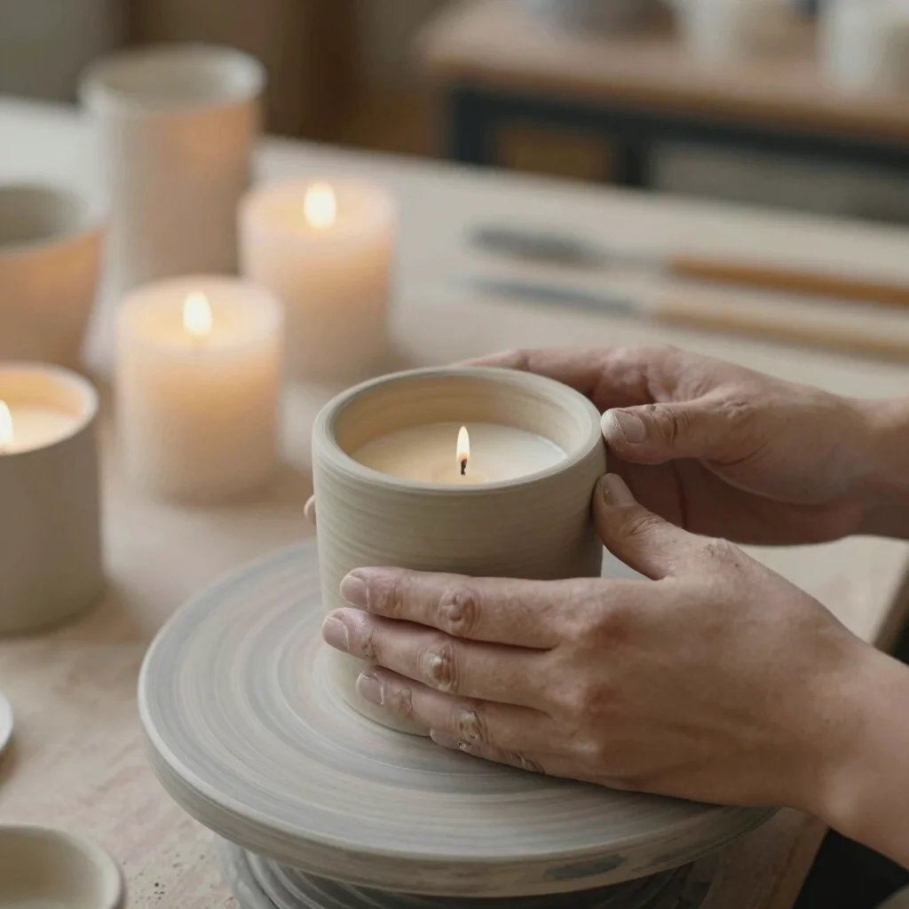 Close up of ceramic artisan hands molding a clay candle container, soft atmospheric depth of field